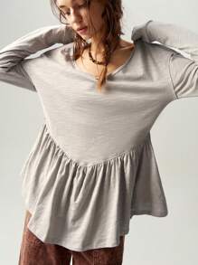 Bohemela 休闲纯色 V 领长袖宽松女式套头 T 恤 - 淺灰色 - 查看 2