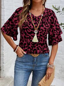 EMERY ROSE 女士豹纹双荷叶边下摆短袖 T 恤 - 紅色 - 查看 4