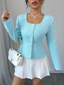 Elenzga Áo khoác nữ cổ vuông màu xanh nhạt, tay dài, cài nút đơn thanh lịch, mùa thu - Màu xanh nhạt - Xem 4