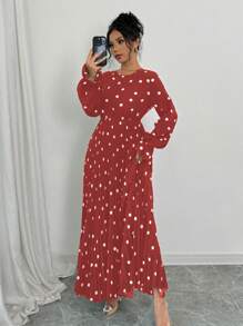 Chiquease 1pc Women's Polka Dot Print Round Neck Long Sleeve Long Elegant Dress - Red - View 1