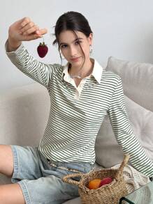 INAWLY Áo thun dài tay kẻ sọc thường ngày cho nữ mùa xuân và mùa thu - màu xanh lá - Xem 5