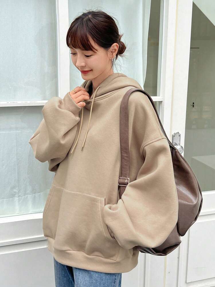 Women's Solid Color Drop Shoulder Long Sleeve Drawstring Hooded Relaxed Fit Fleece Sweatshirt,Fall Women Clothes,Winter