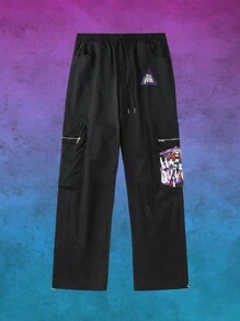 ROMWE MEN Harley Quinn | ROMWE Men Street Fashion Cartoon Character & Letter Print Drawstring Waist Zip Flap Pocket Baggy Cargo Pants - Black - View 1