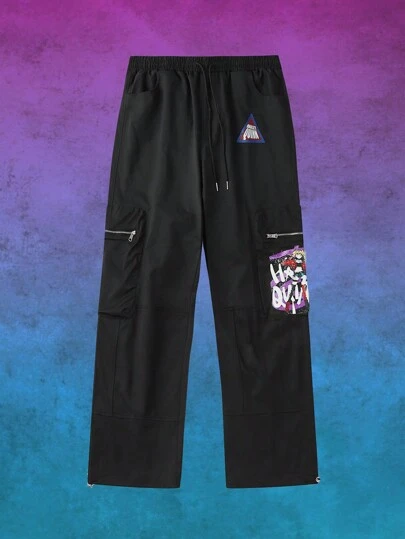 ROMWE MEN Harley Quinn | ROMWE Men Street Fashion Cartoon Character & Letter Print Drawstring Waist Zip Flap Pocket Baggy Cargo Pants