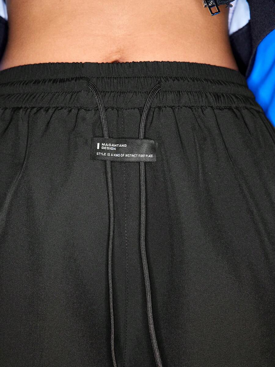 Streetz SHEIN Sport Women Applique Drawstring Pocket Loose Sports Pants - Black - View 1