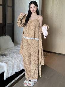 DAZY 3pcs Set Ditsy Floral Camisole Robe & Pajama Pants Sleepwear - Khaki - View 1