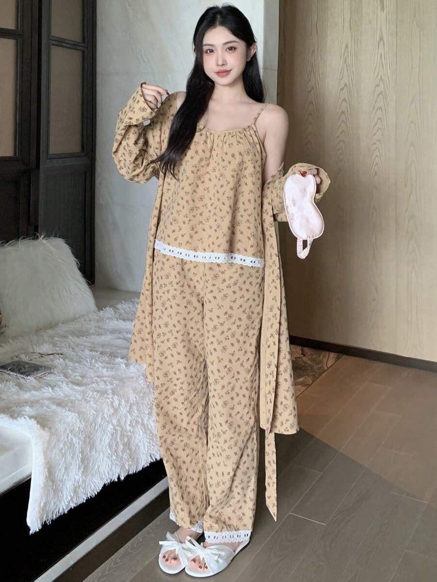 DAZY 3pcs Set Ditsy Floral Camisole Robe & Pajama Pants Sleepwear - Khaki - View 1