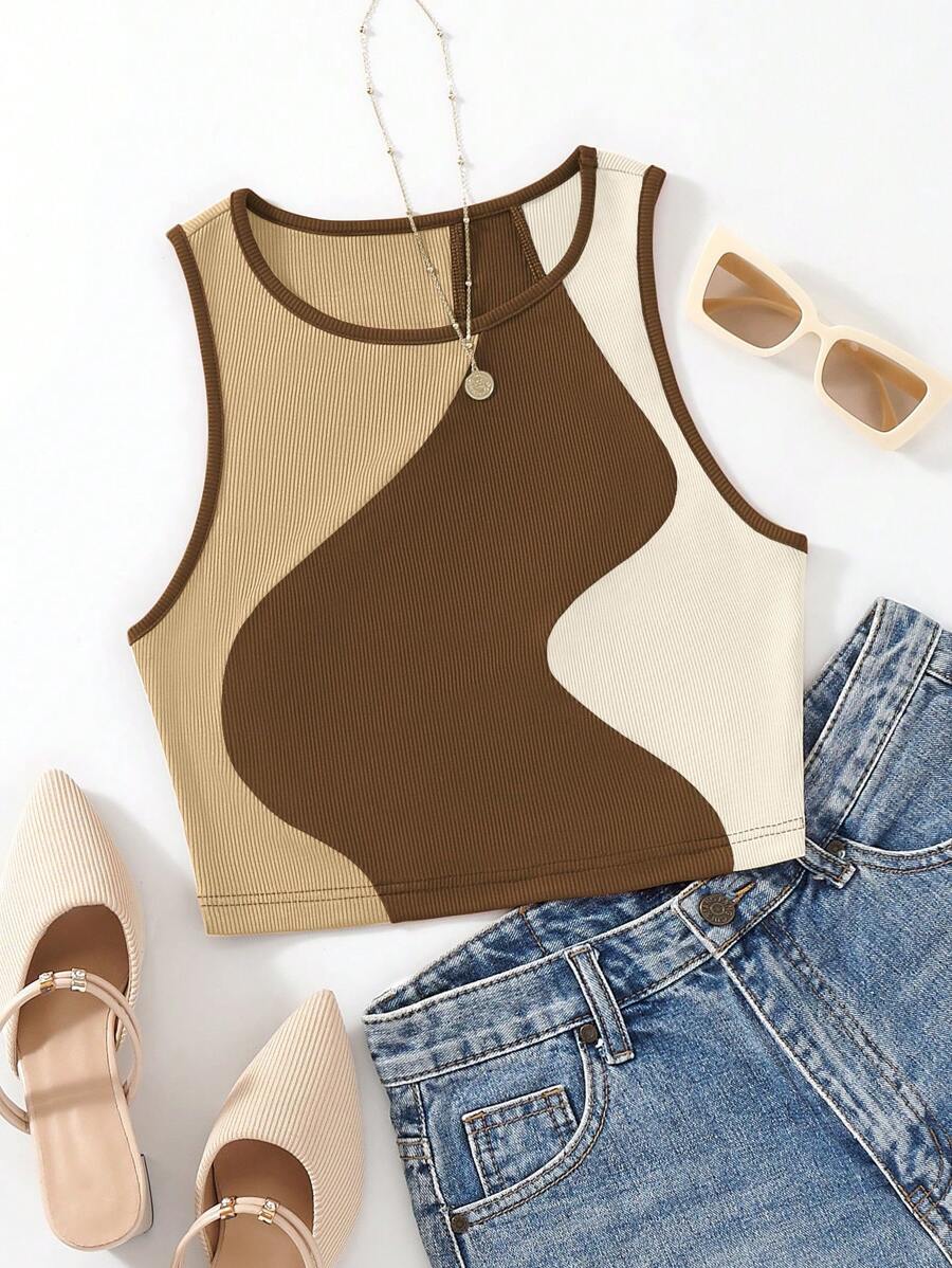 Flirla Casual Color Block Spliced Slim Fit Crop Camisole Graphic Tees Women Tops