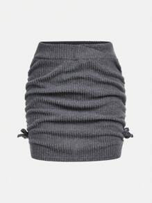 SHEIN Girlism 2pcs Tween Girls' Fitted Casual Minimal Comfy Ribbed Off Shoulder Top And Mini Skirt Set - Grey - View 4