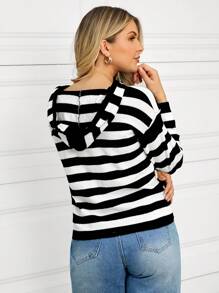 SHEIN LUNE 带口袋的休闲条纹女式连帽衫，适合返校季、秋冬季街头时尚 - 黑與白 - 查看 2