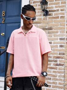 Manfinity Dauomo Camisa de polo retro de manga corta, de ajuste holgado, de mezcla de lino para hombre, camiseta de playa de verano de unicolor - Rosa - Ver 3