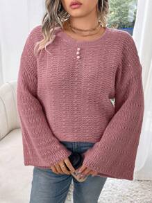 Calvaya Pull ample pour femmes à col rond, épaules tombantes, décontracté. Pull tricoté pour le printemps, l'automne et l'hiver - Rose bonbon - Voir 3