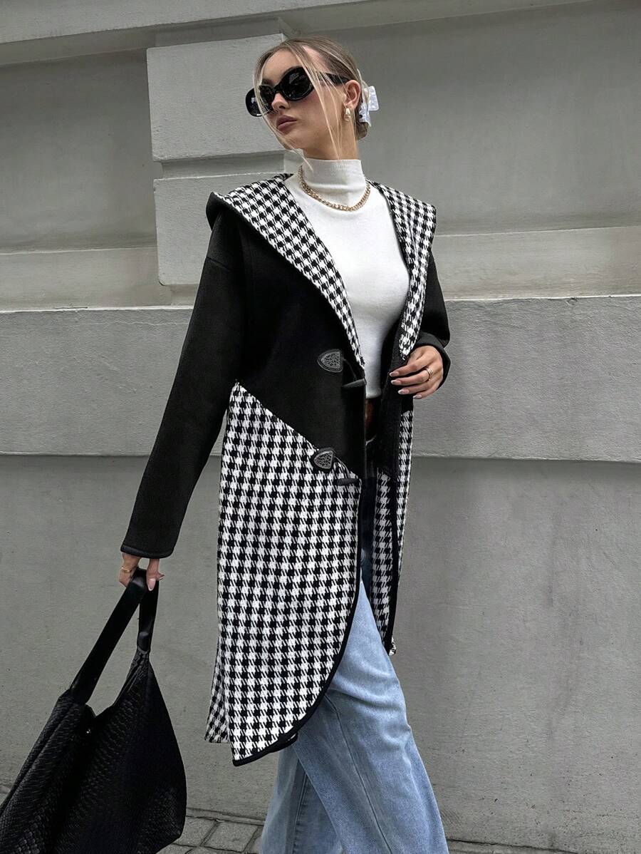 SHEIN Cottnline Casual Houndstooth Patchwork Horn Button Hooded Overcoat, Autumn/Winter - Black and White - View 1