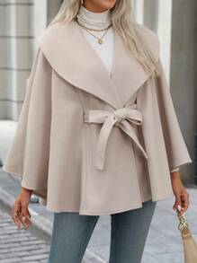 SHEIN Clasi Women's Solid Color Loose Belted Cape Coat With Bowknot Belt, Stand Collar, Long Sleeve, Autumn/Winter - Khaki - View 4