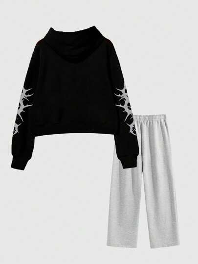 Men's Letter Print Minimalist Hooded Sweatshirt And Front Tie Long Pants Set Tracksuit