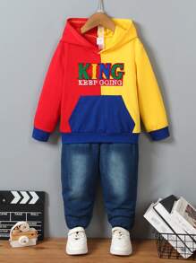 Conjunto de 2 piezas para niños pequeños: sudadera con capucha de bloque de color tejido con patrón bordado de letras en inglés y pantalones vaqueros suaves con bolsillos funcionales, conjunto colorido y vibrante adecuado para uso diario, deportes, escuela, viajes - Multicolor - Ver 1