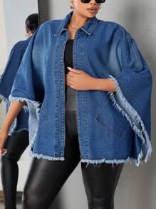 SHEIN CURVE+ 大码纯色磨边翻领休闲牛仔夹克