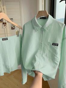 Comfortcana 条纹印花落肩衬衫和百褶裙（不含吊带背心） - 綠色 - 查看 2