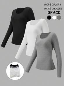 Calvaya Plus Size 3pcs /Set Basic Style Casual Round Neck Long Sleeve Knit T-Shirts Fall Cloth For Women - Multicolor - View 1