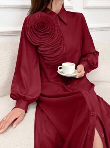 Al Najma Váy Abaya dài màu đỏ tía thanh lịch dành cho nữ, trang trí hoa 3D, cài nút phía trước, mùa xuân thu, váy Ả Rập dài tay thanh lịch, giản dị - Màu Đỏ Sâu - Xem 6