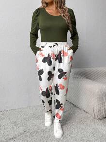 SHEIN LUNE Plus Size Solid Color Crew Neck Ruched Long Sleeve Top & All-Over Print Twist Front Pants 2pcs Casual Set Fall Cloth For Women - Multicolor - View 7