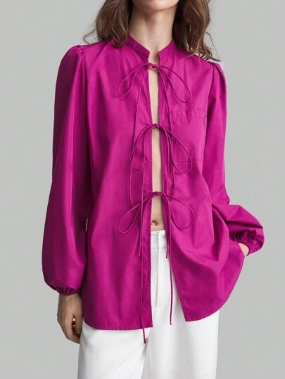 Ontre 2025 New Women's Autumn Vacation V-Neck Lantern Sleeve Tied Bow Casual Shirt, 2025 New Women's Summer Loose Blouse, Women's V-Neck Top Elegant Outfit, Women's Teacher Uniform, Y2K Business Casual Attire, Women's Office Wear, Christmas Outfit, Autumn/Winter New Year Apparel