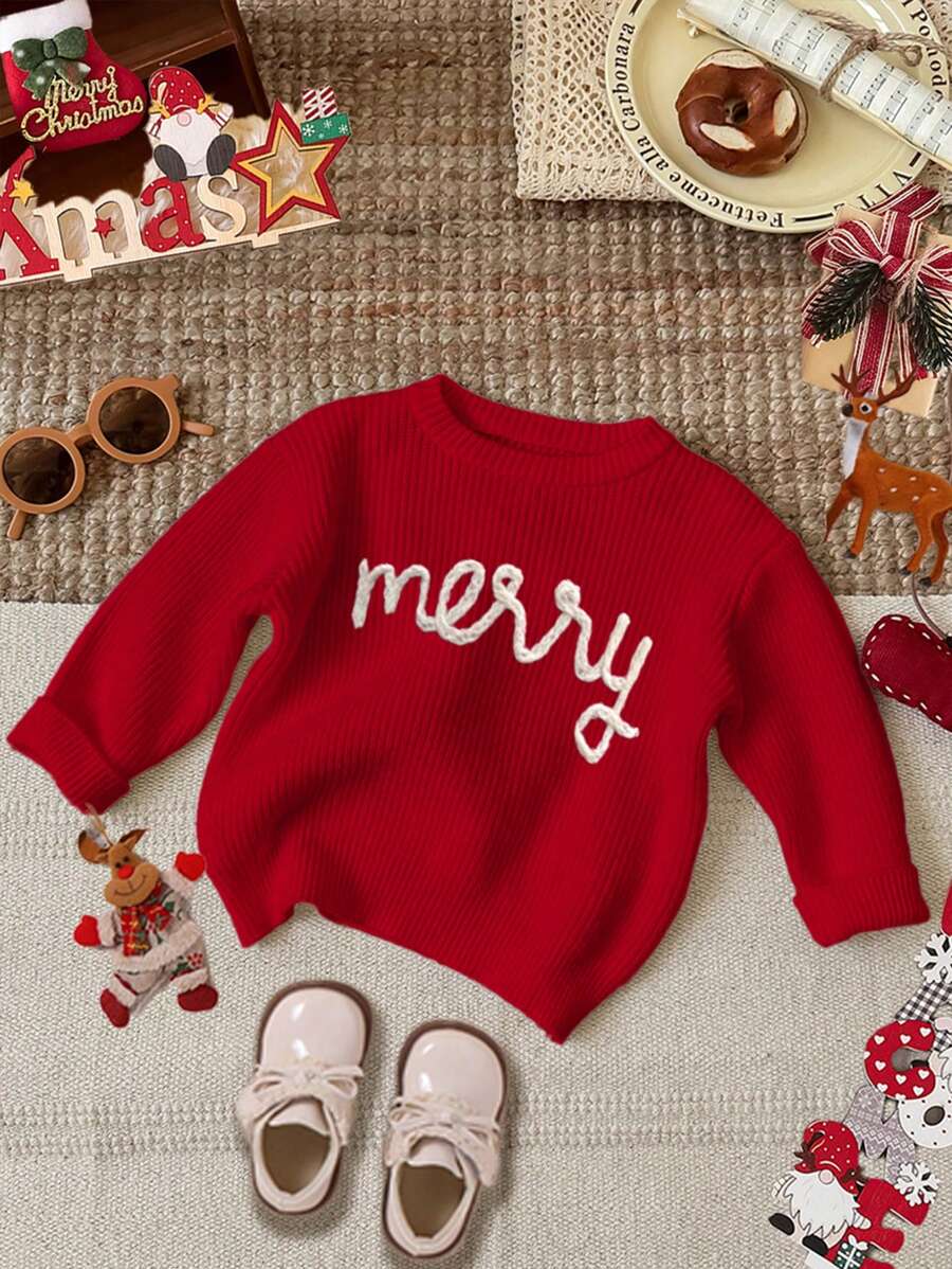 Sweater Lengan Panjang Leher Bulat Longgar Motif Huruf Minimalis Kasual untuk Anak Perempuan, Cocok untuk Musim Gugur/Musim Dingin, untuk Natal - Merah - View 1