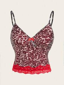 Flirla Plus Size Bow Decor Vintage Leopard Lace Patchwork Camisole Top - Red - View 1
