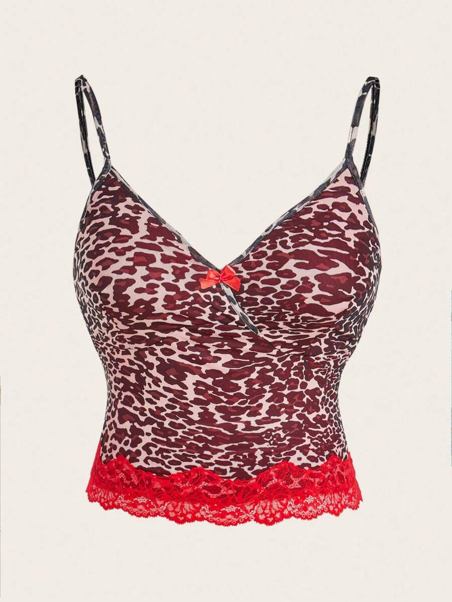 Flirla Plus Size Bow Decor Vintage Leopard Lace Patchwork Camisole Top - Red - View 1
