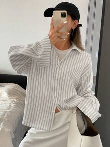 Livesso Striped Loose Long Sleeve Collared Women Blouse,Long Sleeve Tops