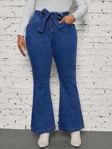 SHEIN LUNE Damen Große Größen Jeans mit Knoten Taille, Taschen und weitem Schnitt, vielseitig einsetzbar