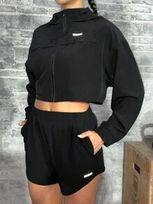 Powerista Reflective Letter Print Drop Shoulder Loose Zip Up Hooded Cropped Jacket & Shorts Outfit Sets, Sporty - Black - View 6