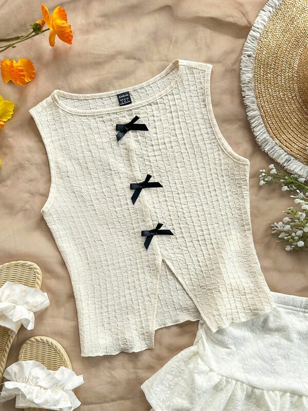 Soleia Apricot Color Knitted Texture Round Neck Split Bow Decor Cropped Tank Top For Women Holiday,Thanksgiving Women Outfit,Sexy Women Outfit,Fall Women Clothes,Halloween Women Costume,Christmas Women Clothes,Concert Women Outfit,Hippie Clothes,Princess Women Costume,Going Out Top,Women Tank Top,Cat Woman Costume,Top With Bow,Sexy Party