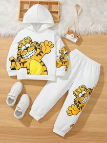2pcs/Set Casual Cute Funny Sporty Streetwear All-Match Style Korean Fashion Boys Cartoon Pattern Hooded Loose Knit Sweatshirt And Knit Pants Set, Suitable For Spring, Autumn And Winter, For Home, Outdoor, School, Sports