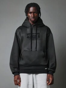 SUMWON Luxurious Heavyweight Hoodie With Gothic Text Print Streetwear Pullover Sweatshirt Fall Winter Casual Everyday Athletic Wear - Black - View 1