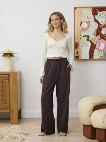 Aralina Pin Stripe Pants With Pockets And Contrast Cuff Drawstring Detail Wide Leg