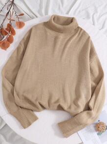 SHEIN Teen Girls Oversized Turtleneck Knit Sweater, Casual Long Sleeve Warm Pullover Top For Daily, Khaki - Khaki - View 1