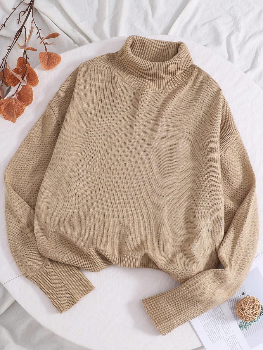 SHEIN Teen Girls Oversized Turtleneck Knit Sweater, Casual Long Sleeve Warm Pullover Top For Daily, Khaki - Khaki - View 1