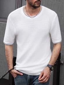 Manfinity Homme Men's Casual Colorblock Trim Short Sleeve Knit Top, Spring/Summer - White - View 1