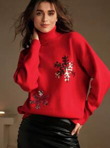 Anewsta 1件装女士针织圣诞雪花亮片图案套头衫，休闲款，秋冬针织套头衫 - 紅色 - 查看 5