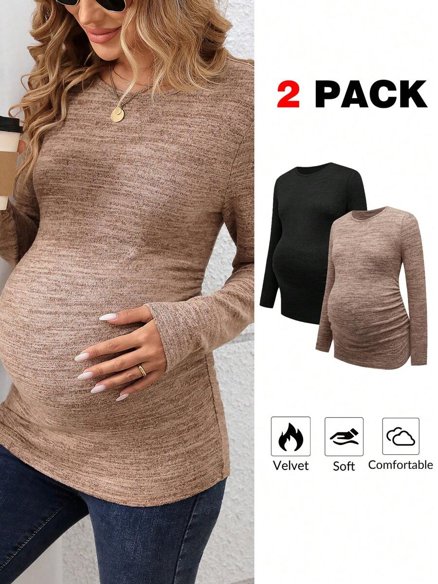 SHEIN Maternity Solid Color Long Sleeve Knit Tee, Mixed Color Tight Fit Pregnancy T-Shirt, Suitable For Teachers