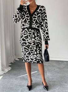 SHEIN Unity 2 件套女士休闲高端豹纹针织套装 - 黑色 - 查看 5