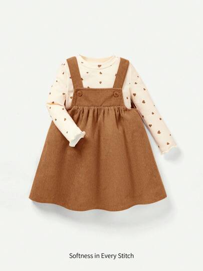 Cozy Pixies 2 件装女婴心形图案圆领长袖上衣和围兜连衣裤套装