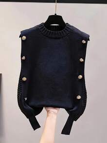 Fashionable Round Necked Women In Vest - Black - View 1