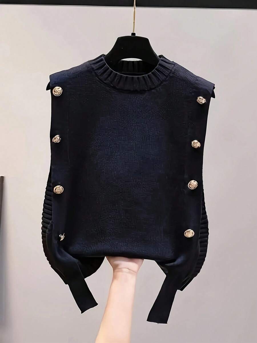 Fashionable Round Necked Women In Vest - Black - View 1