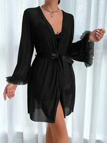 Slumberist 2pcs Set: Fishbone Line Waist Lace Cami Nightgown & Floral Lace Trim Wide Sleeve Sheer Robe - Black - View 4