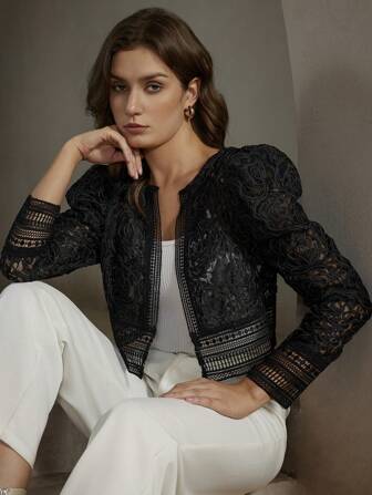 Anewsta Rundhalsausschnitt Gigot Arm Blumen Spitzen Patchwork Urlaubs Lässig Jacke