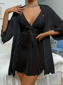 Women Solid Color Lace Patchwork Camisole Nightgown With Robe Sleepwear Set