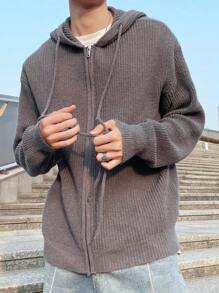 Claim Dot Plus Size Men's Solid Color Front Zip Up Long Sleeve Hoodie, Casual Daily Wear - Grey - View 3