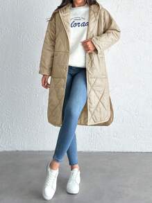 EURMUSE Snap Button Front Hooded Quilted Coat - Apricot - View 6
